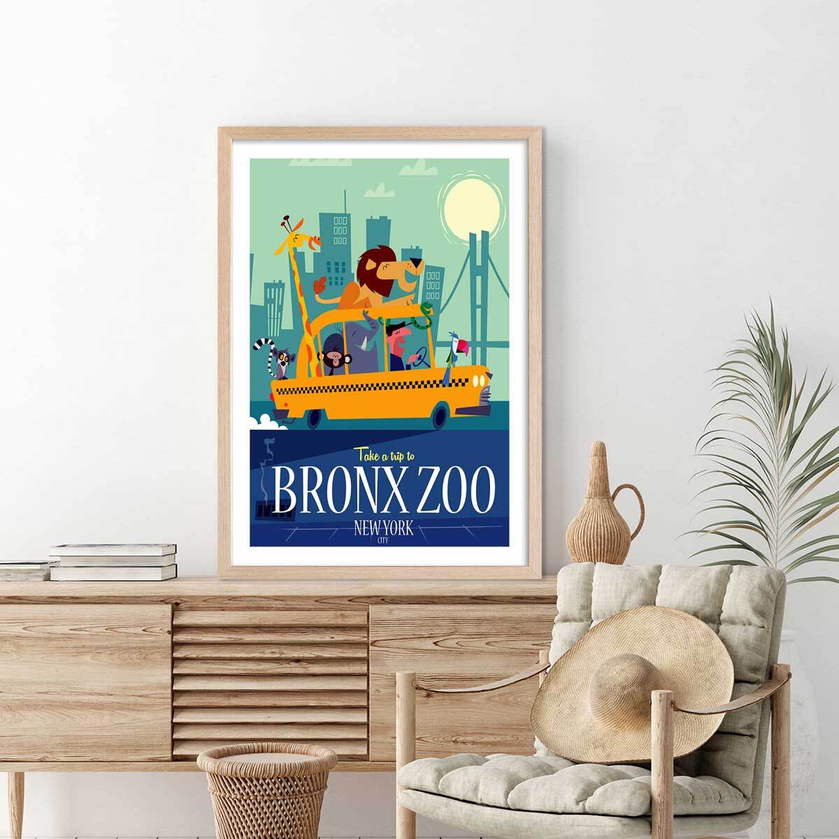 Poster retro bronx zoo Affiche + cadre en bois - Chêne