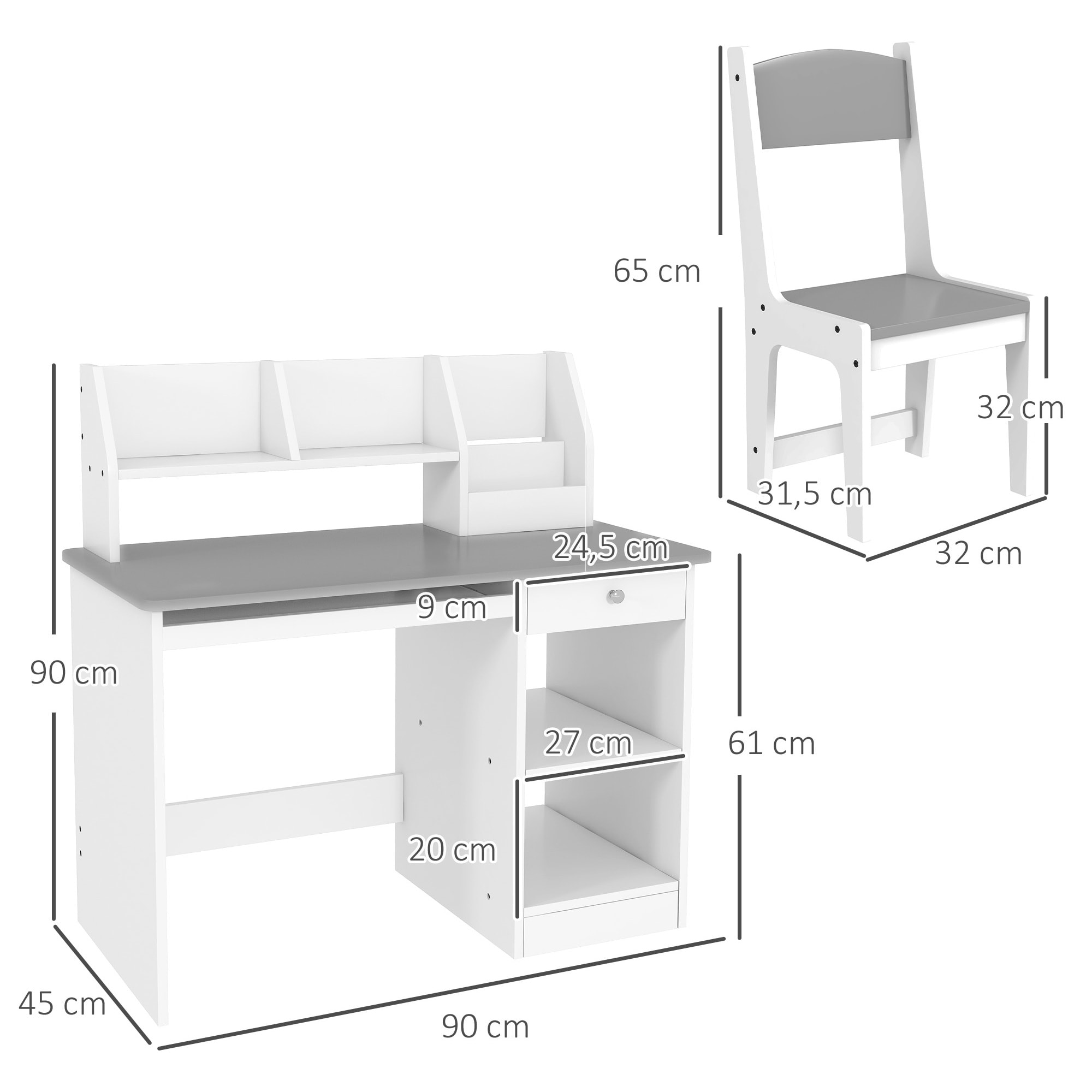 Bureau enfant multi-rangement - ensemble bureau, chaise, étagère - tiroir, plateau coulissant, 2 niches, 2 étagères, 2 présentoirs livres - gris