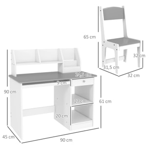Bureau enfant multi-rangement - ensemble bureau, chaise, étagère - tiroir, plateau coulissant, 2 niches, 2 étagères, 2 présentoirs livres - gris
