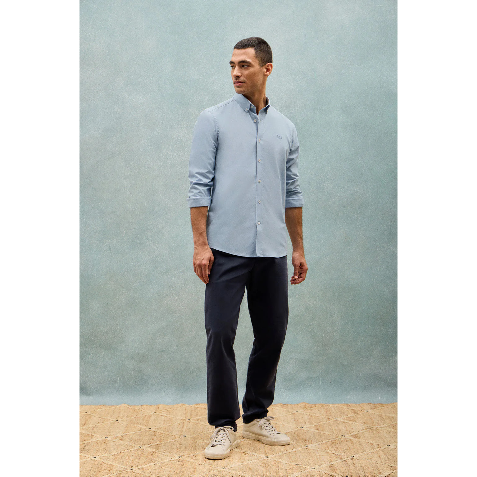 Camicia a tinta unita oxford celeste con logo ricamato Polo Club