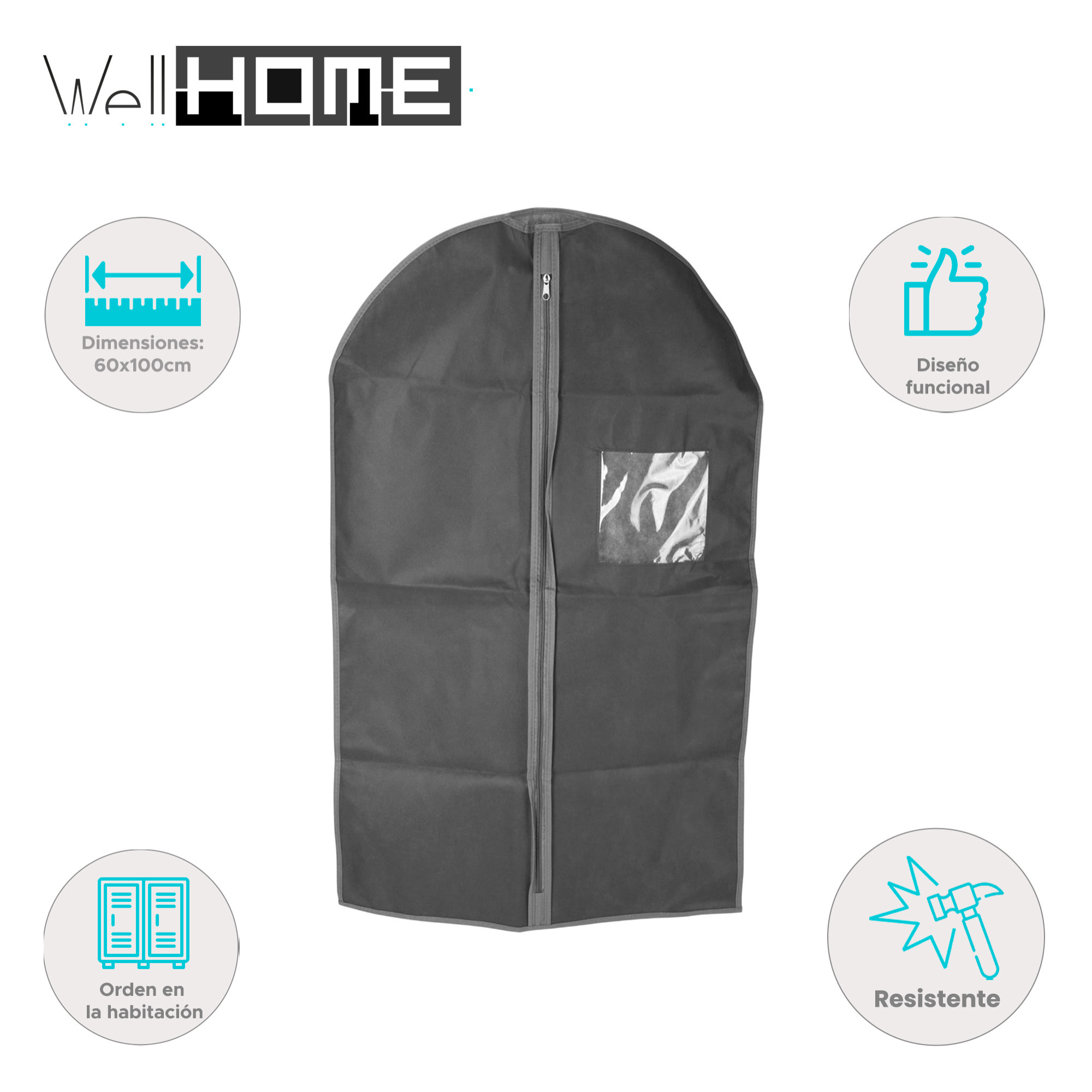 Well home bolsa de traje no tejida de alta calidad con cremallera y ventana - 60x100cm en gris oscuro