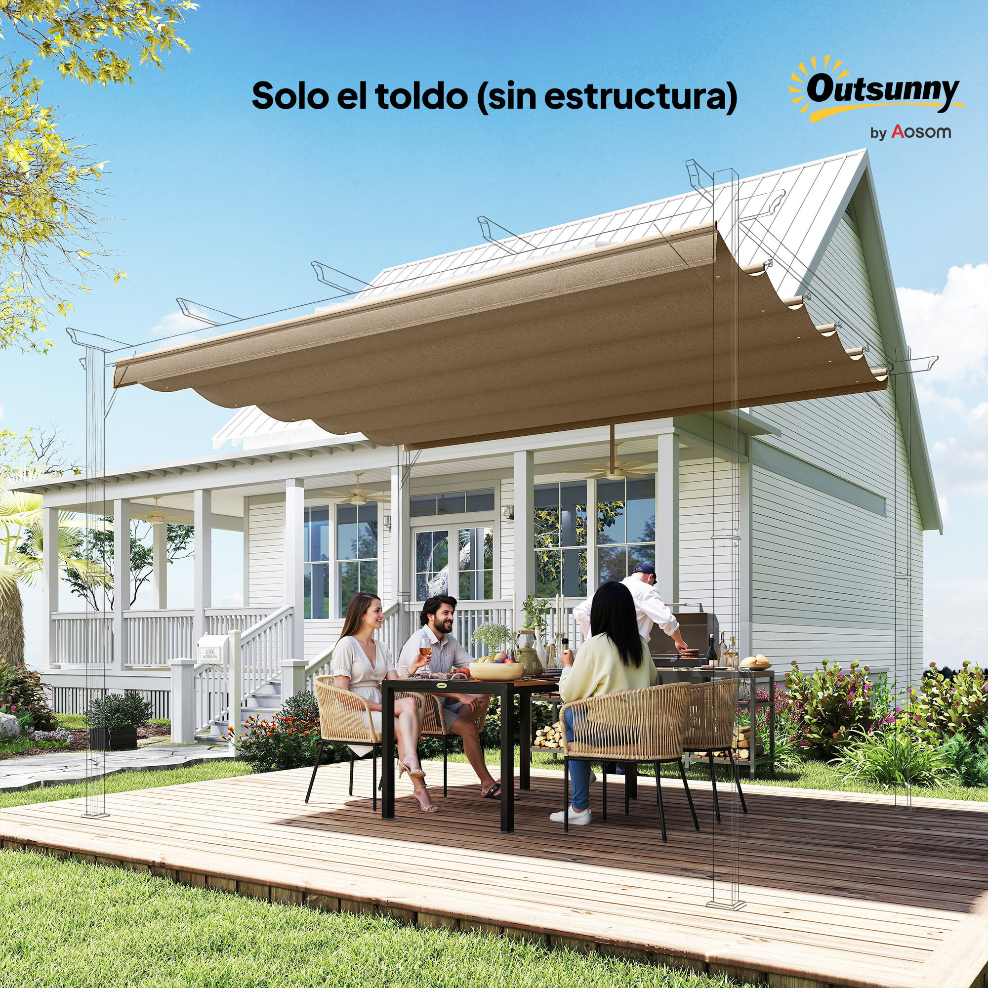 Techo de Pérgola 2,5x2,55 m, Techo de Repuesto Retráctil para Marco de Pérgola de 3x3 m, UV30+, Toldo de Tela Solo para Cenador Jardín con 10 Orificios de Drenaje, Pardo