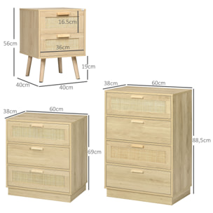 Conjunto para el Hogar Incluye 1 Mesita de Noche 1 Cómoda con 3 Cajones y 1 Cómoda con 4 Cajones de Rejilla de Ratán Estilo Bohemio Natural