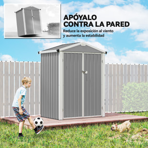 Caseta de Jardín Exterior 1,1 m², 133x87x178 cm, Cobertizo de Jardín Exterior Metálico con Puertas Correderas, Techo Inclinado y Guantes, para Almacenaje de Herramientas Bicicletas, Gris