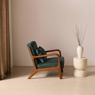 Fauteuil scandinave bois d'hévéa teinté noyer clair et velours LORENS