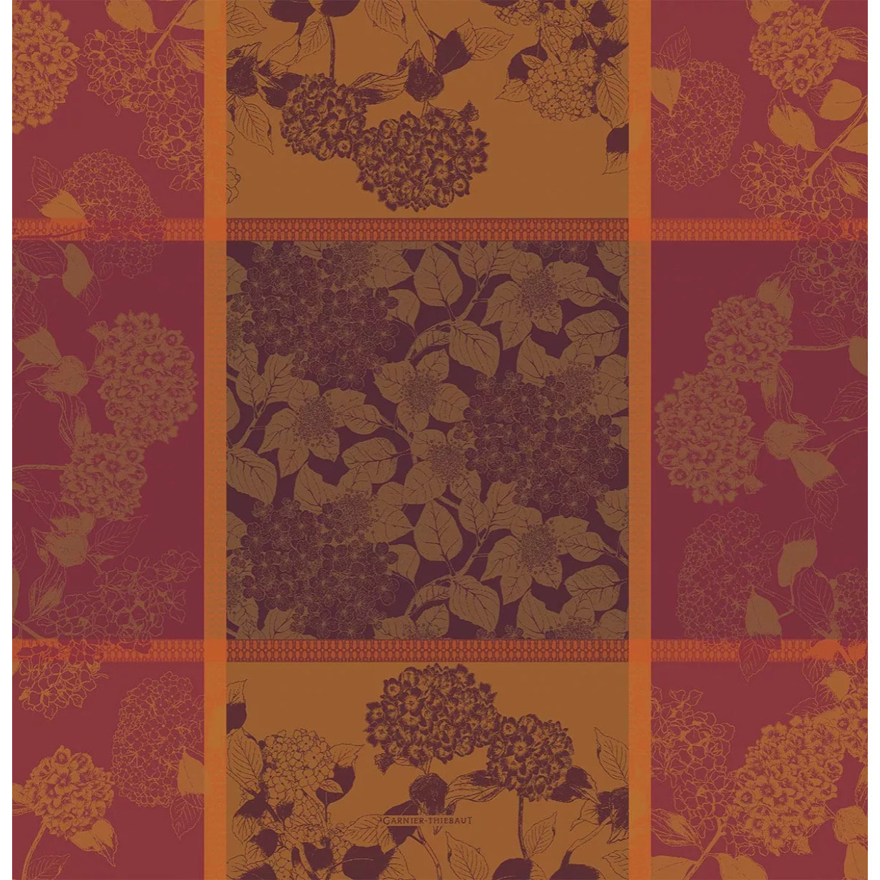 Nappe anti tache pur coton motif jacquard Hortensias rouille