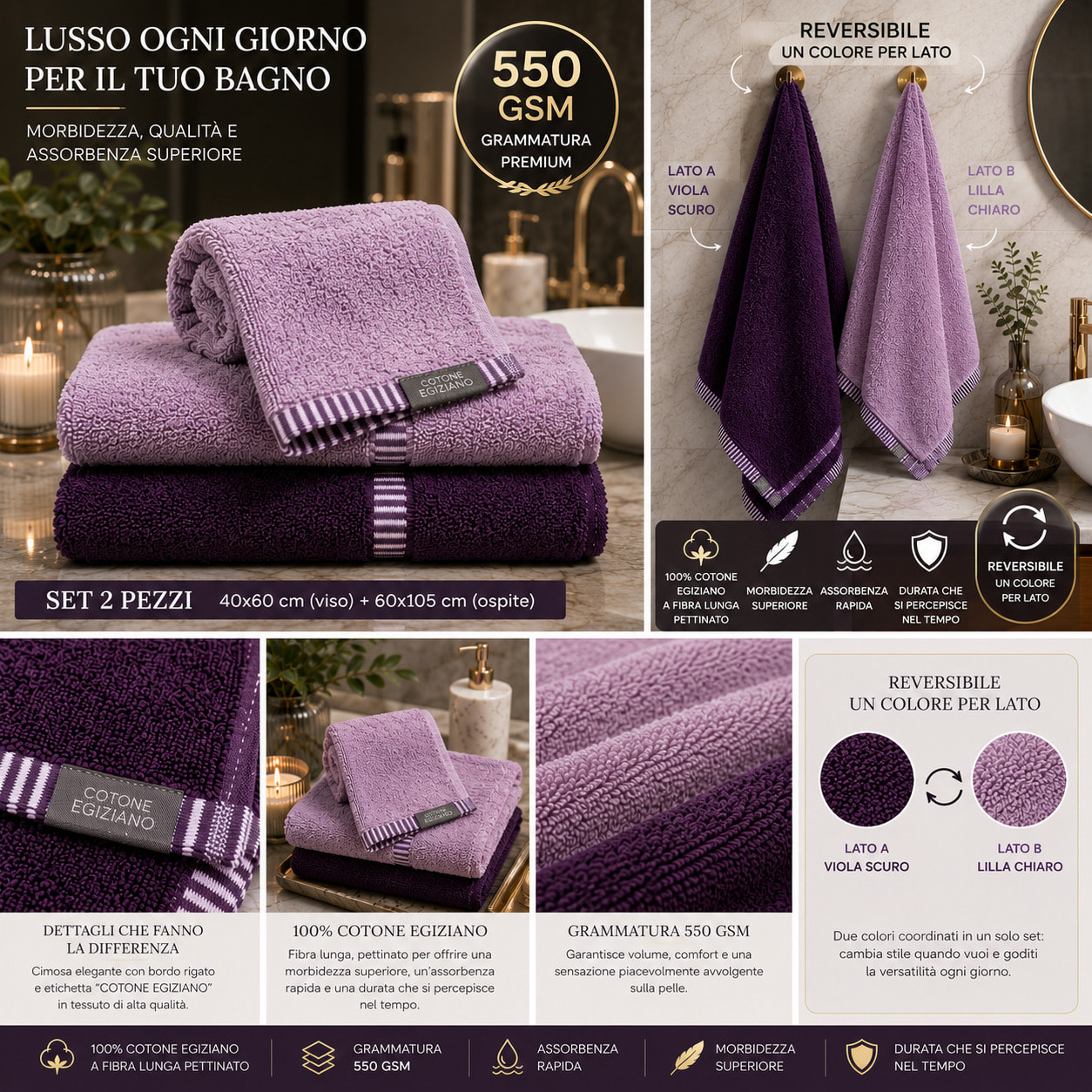COTONE EGIZIANO Coppia asciugamani Reverse in cotone egiziano 550 gr_Pink Mela