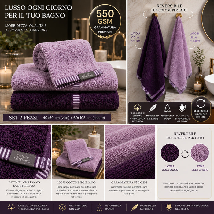 COTONE EGIZIANO Coppia asciugamani Reverse in cotone egiziano 550 gr_Pink Mela