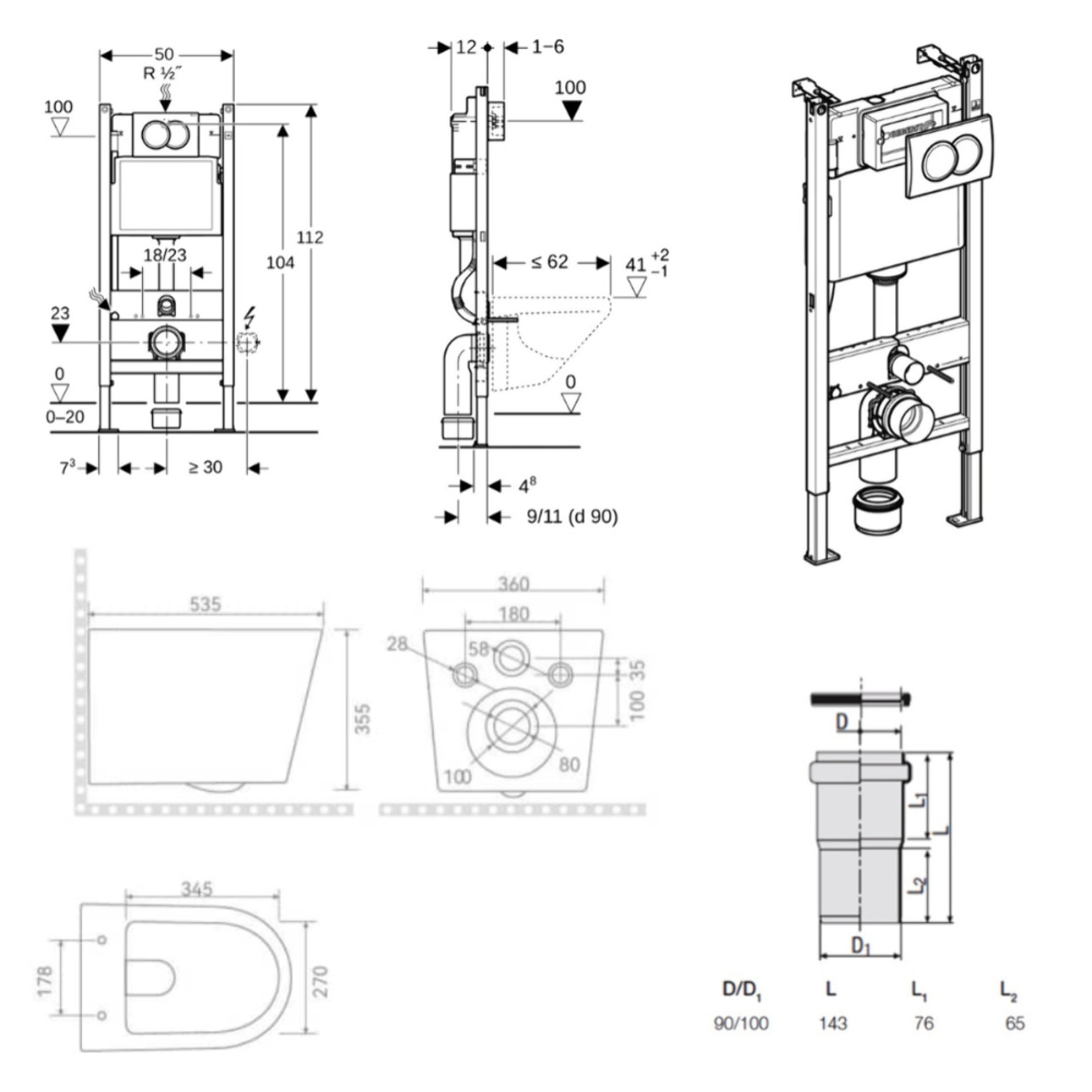 Delta pack WC bâti-support Duofix 112 cm + WC suspendu sans bride Ceramia avec abattant SoftClose + plaque (GEBCE14WT02FR-VP)