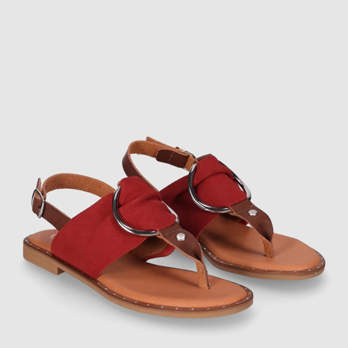 Sandalias de Serraje - Rojo - Tacón: Bajo