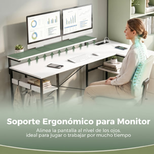 Escritorio Esquinero con 4 Cajones de Tela, 155x112 cm, Escritorio en L Reversible con 2 Enchufes y 2 Puertos USB, Soporte para Monitor, 2 Ganchos, para Oficina en Casa, Estudio, Blanco