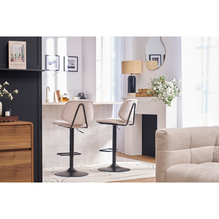 Tabourets de bar relevables design en tissu effet velours texturé vert céladon et métal noir BARNET (lot de 2)