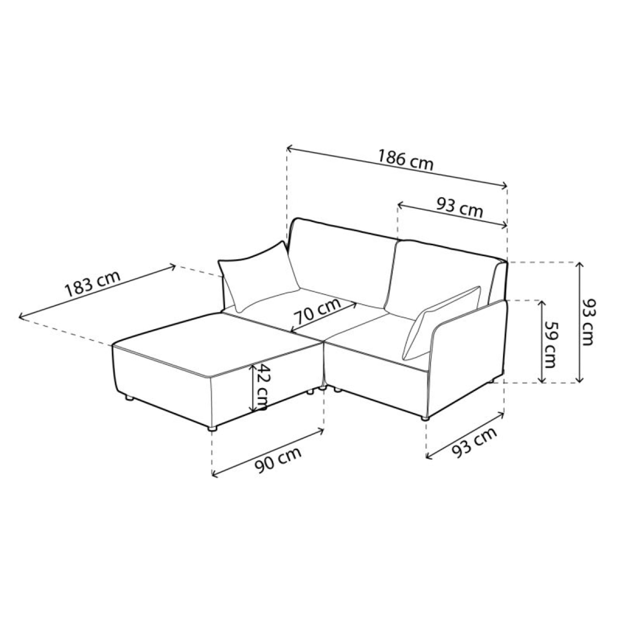 Sofá modular con chaiselongue 2 plazas y brazos Cubiq Gris