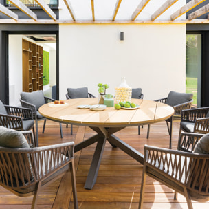 Table de jardin ronde "Oriengo" acacia  & graphite 8 places en aluminium traité époxy