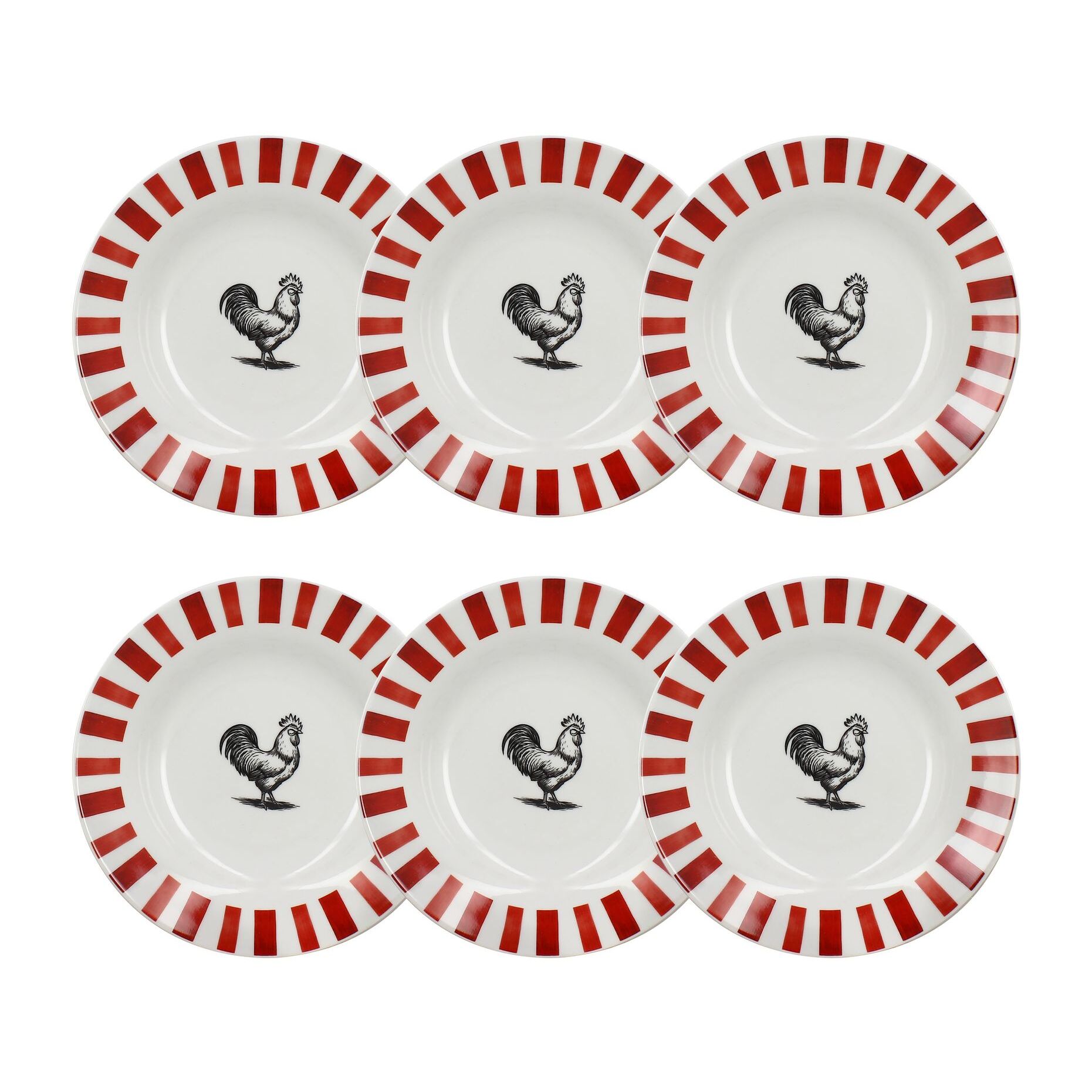 Lot de 6 assiettes creuses 20cm en porcelaine rouge et blanc COCORICO