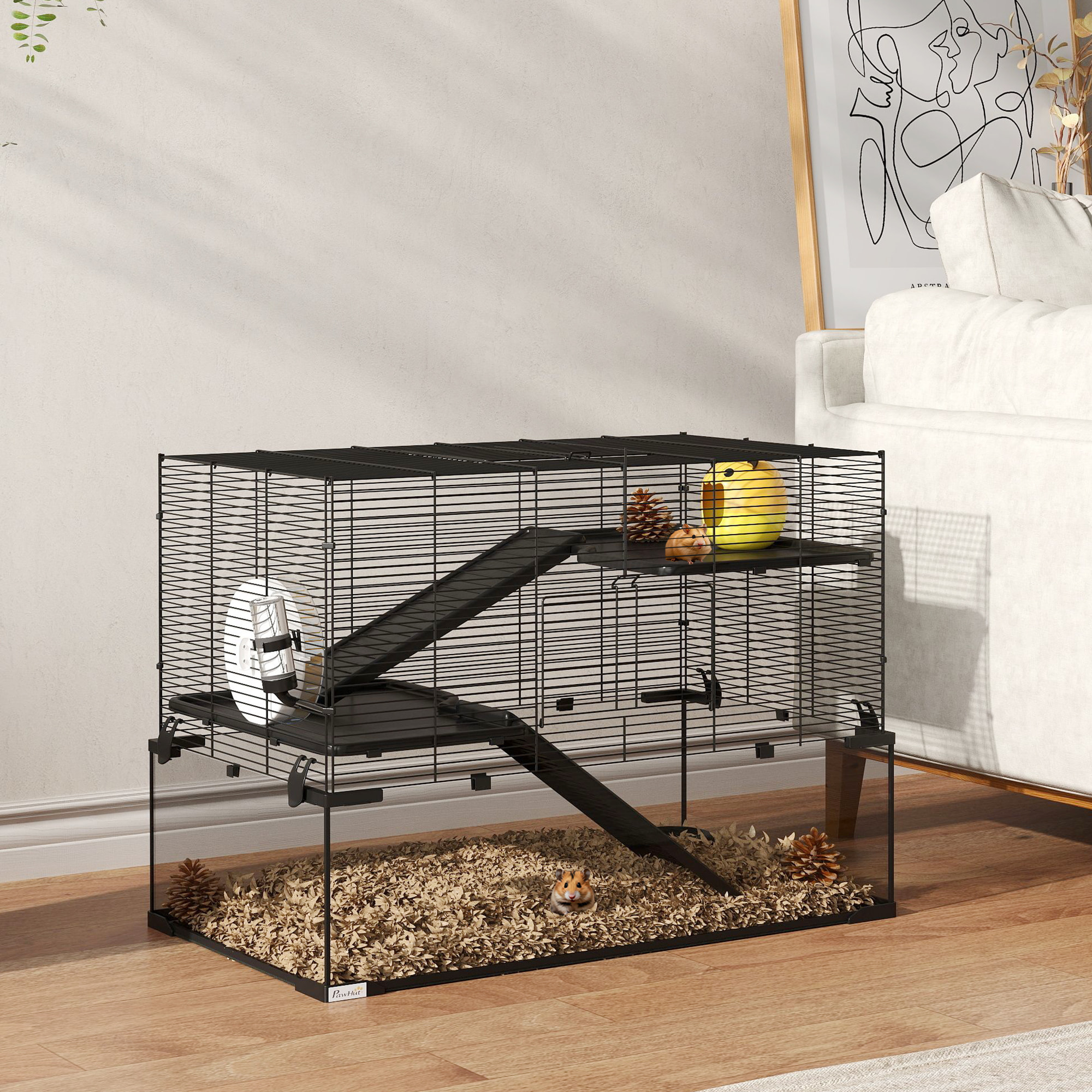 Cage hamster rongeur 3 niveaux 76 x 48 x 54 cm - roue, rampes, maisonnette, abreuvoir, mangeoire - noir