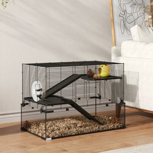 Cage hamster rongeur 3 niveaux 76 x 48 x 54 cm - roue, rampes, maisonnette, abreuvoir, mangeoire - noir