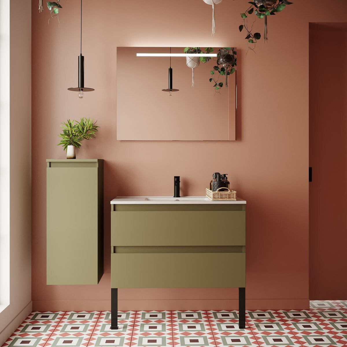 Ensemble vasque intégrée 2 tiroirs + miroir - HUDSON