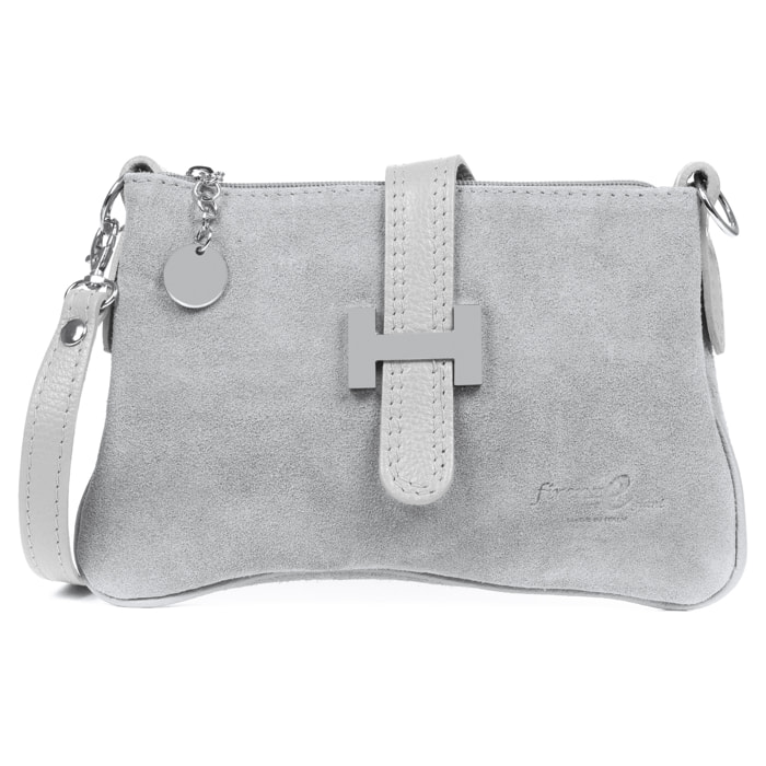 FIRENZE ARTEGIANI Borsa da Donna Allerona. Vera Pelle Dollaro Camoscio Made in Italy 24x2x14 Cm. Colore: grigio chiaro