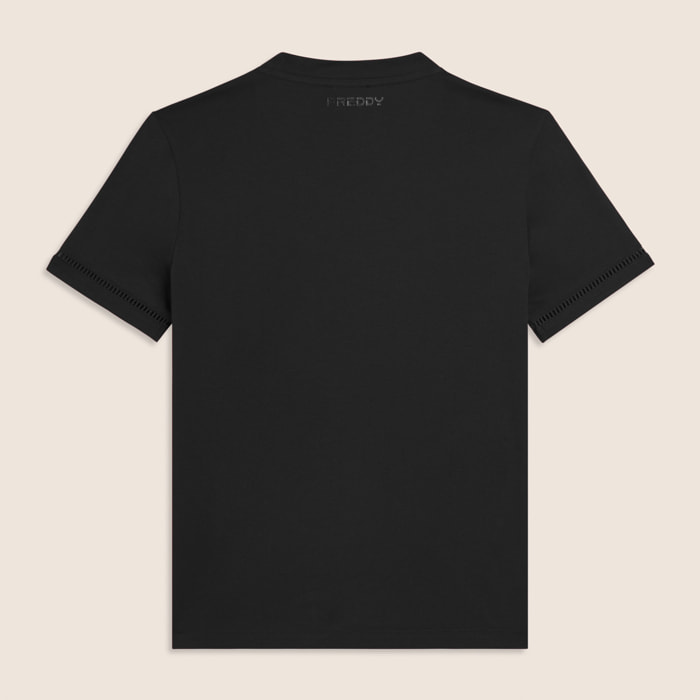 T-shirt Girocollo con Ricamo Traforato del Logo