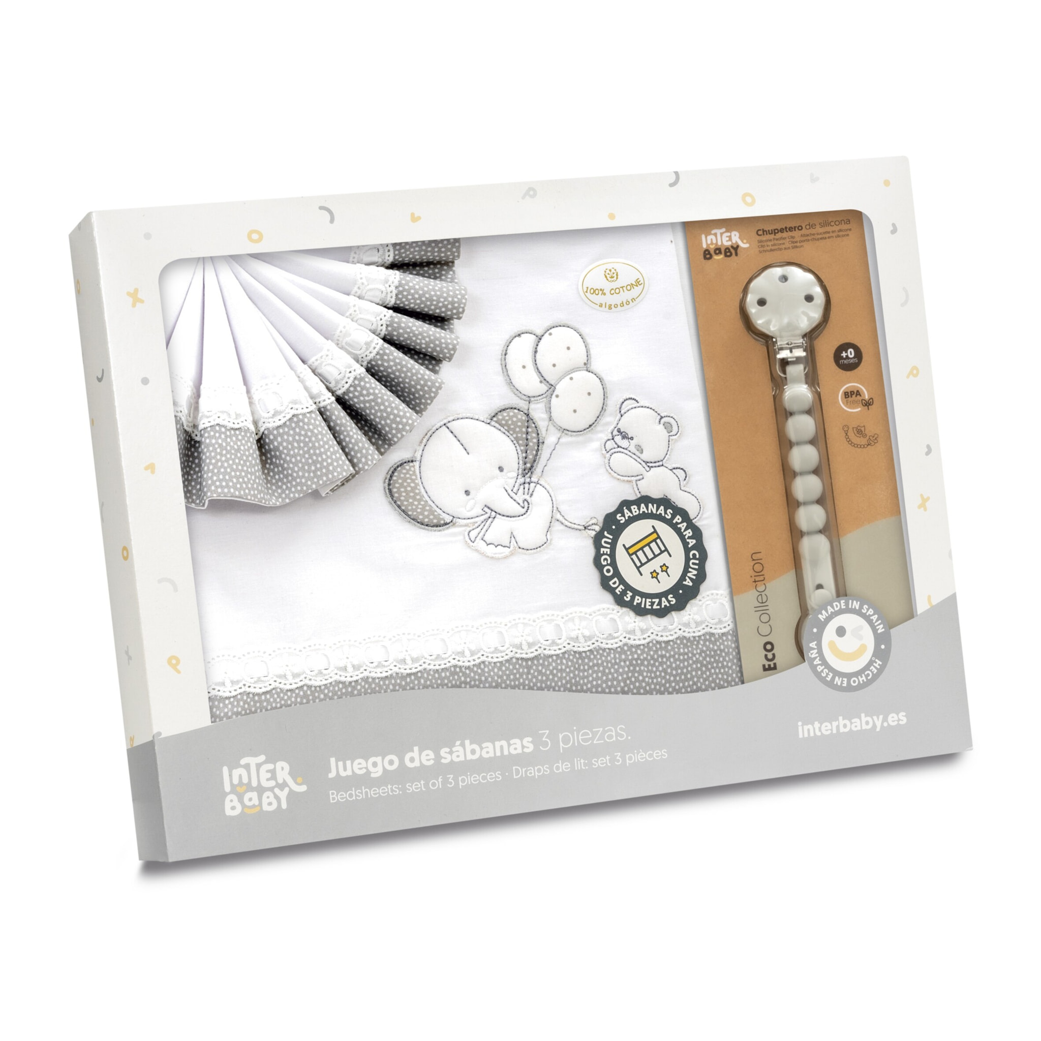 Triptico Cuna Pasacinta Oso Elefante Globos +Broche Bco/Gris