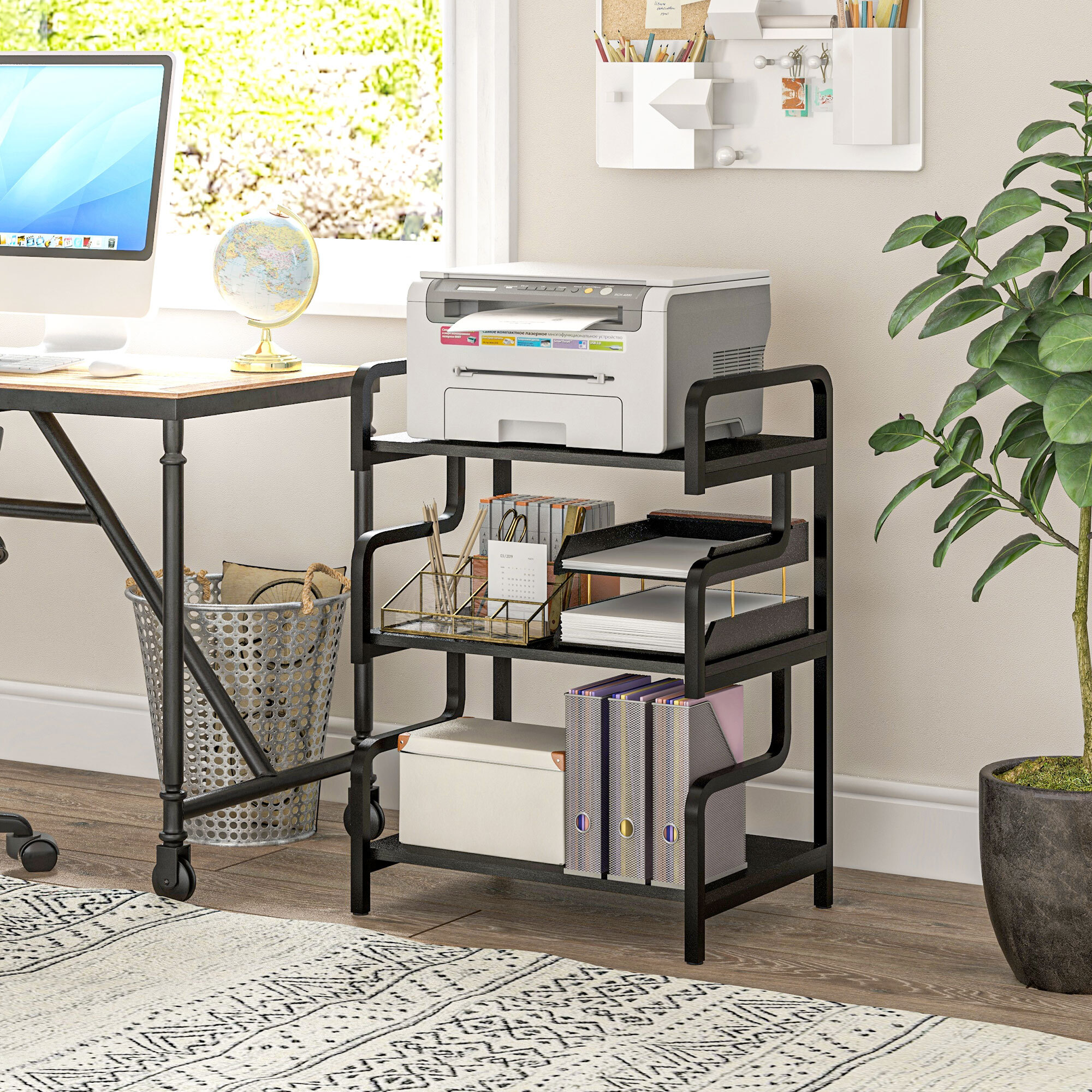 HOMCOM Soporte para Impresora de 3 Niveles, Mueble para Impresora con Marco de Acero, Estantería de Almacenamiento Multiusos para Escáner y Fax en Oficina, Casa, 55x40x77 cm, Negro
