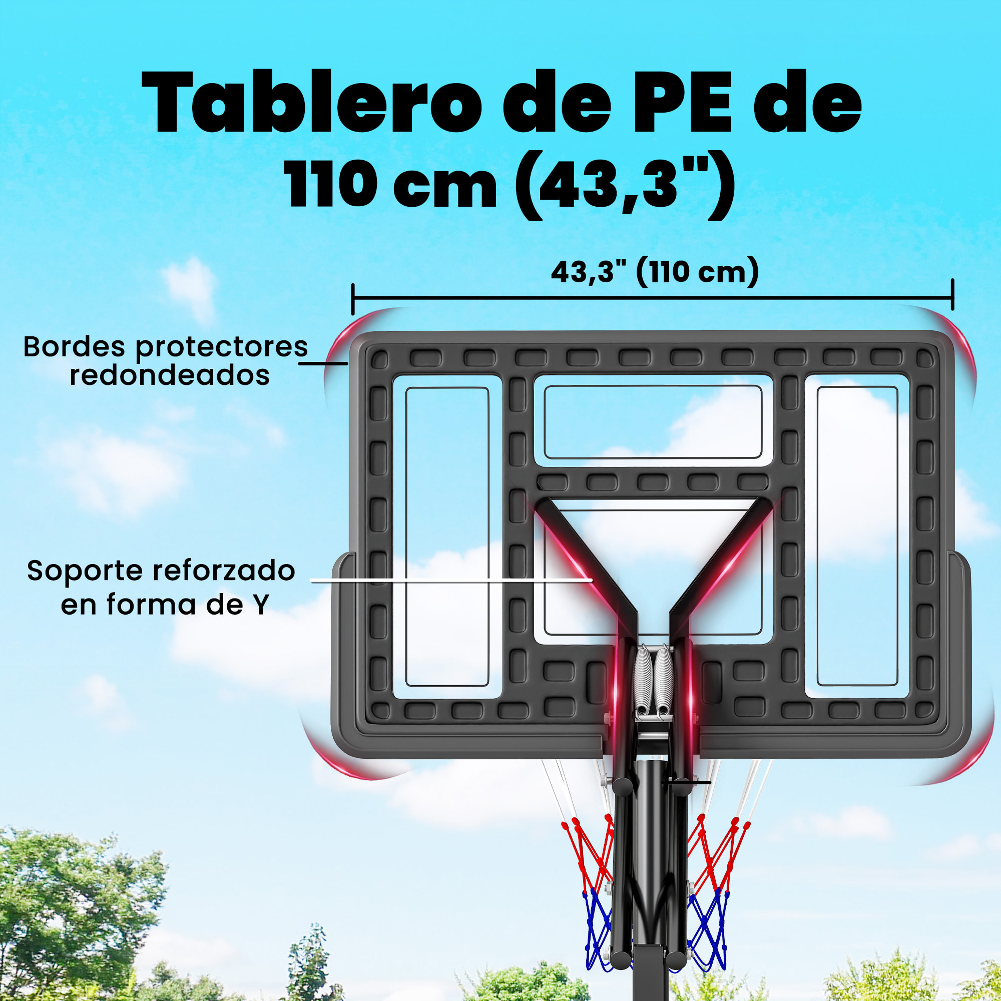 Canasta de Baloncesto para Exterior, Altura Ajustable de 5 Niveles, 235-305 cm, Canasta de Baloncesto Portátil con Ruedas, Base Rellenable y Bolsa de Peso, para Adultos y Adolescentes