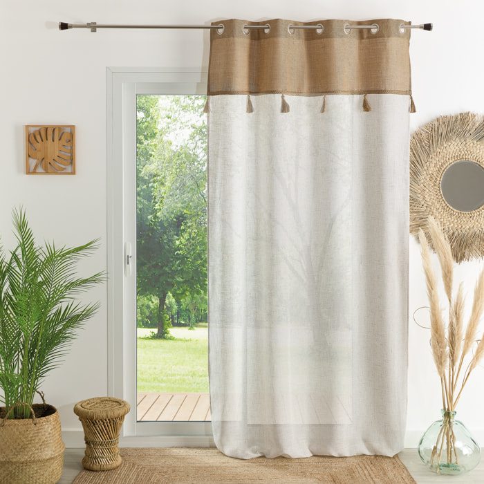 Voilage avec parement en jute et pompons - Beige