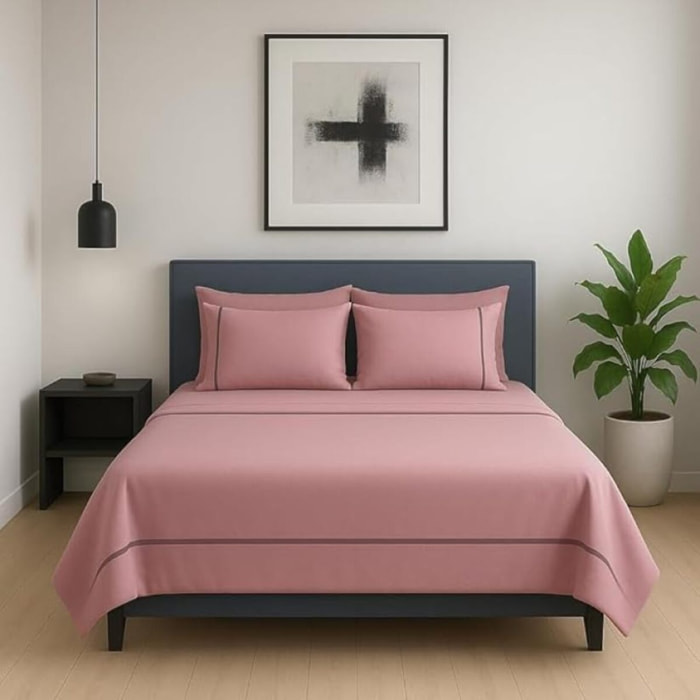 Completo lenzuola matrimoniale in cotone bicolore morbido e traspirante, set letto con lenzuolo sopra, sotto con angoli e 2 federe, design elegante con piping a contrasto, tessuto leggero e resistente 116 gsm, certificato OEKO-TEX, comfort quotidiano