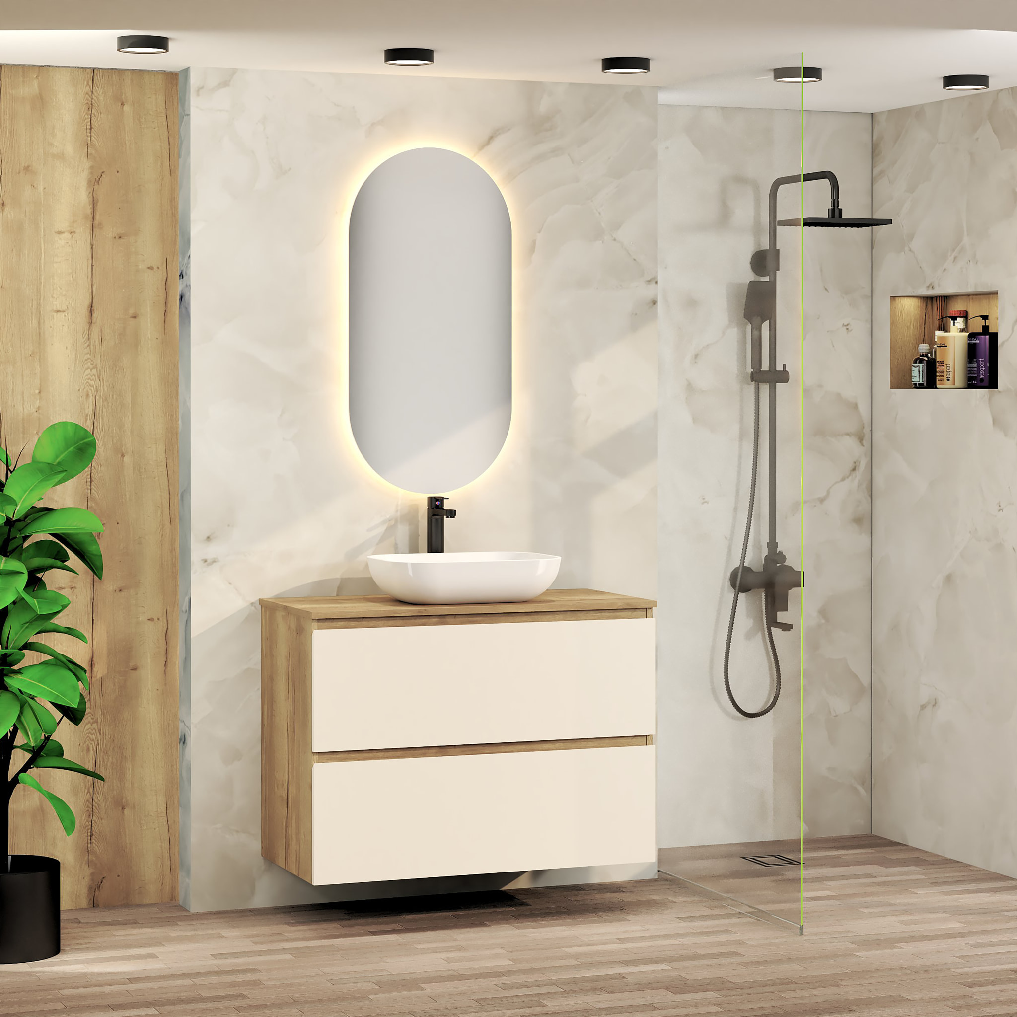 CONJUNTO DE BAÑO NIA | MUEBLE SUSPENDIDO | 80 CM GLACIAR | DOS CAJONES | LAVABO SOBREPUESTO | NO INCLUYE ESPEJO | MUEBLE MONTADO| ALDAY