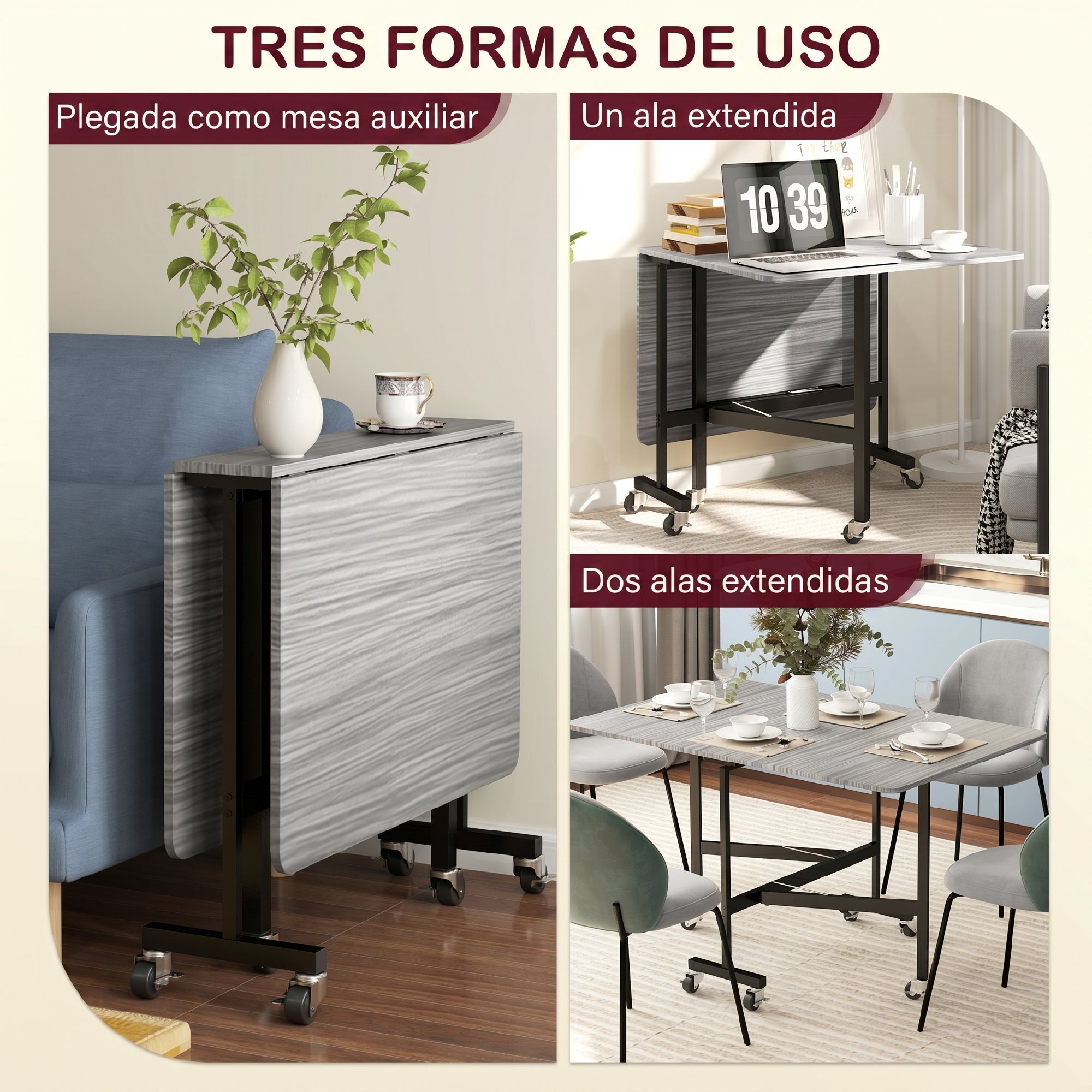 Mesa Plegable de Comedor para 4-6 Personas Mesa de Cocina Plegable con Ruedas y Alas Abatibles para Cocina Salón 120x80x73 cm Gris