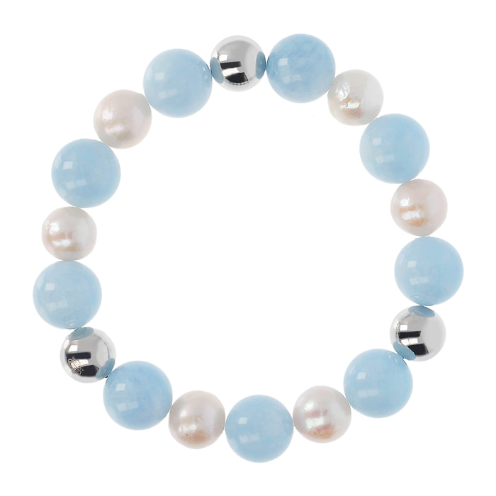 Bracciale Elastico con Sfere, Quarzo Celeste e Perle d'Acqua Dolce Bianche Ø 9/10 mm