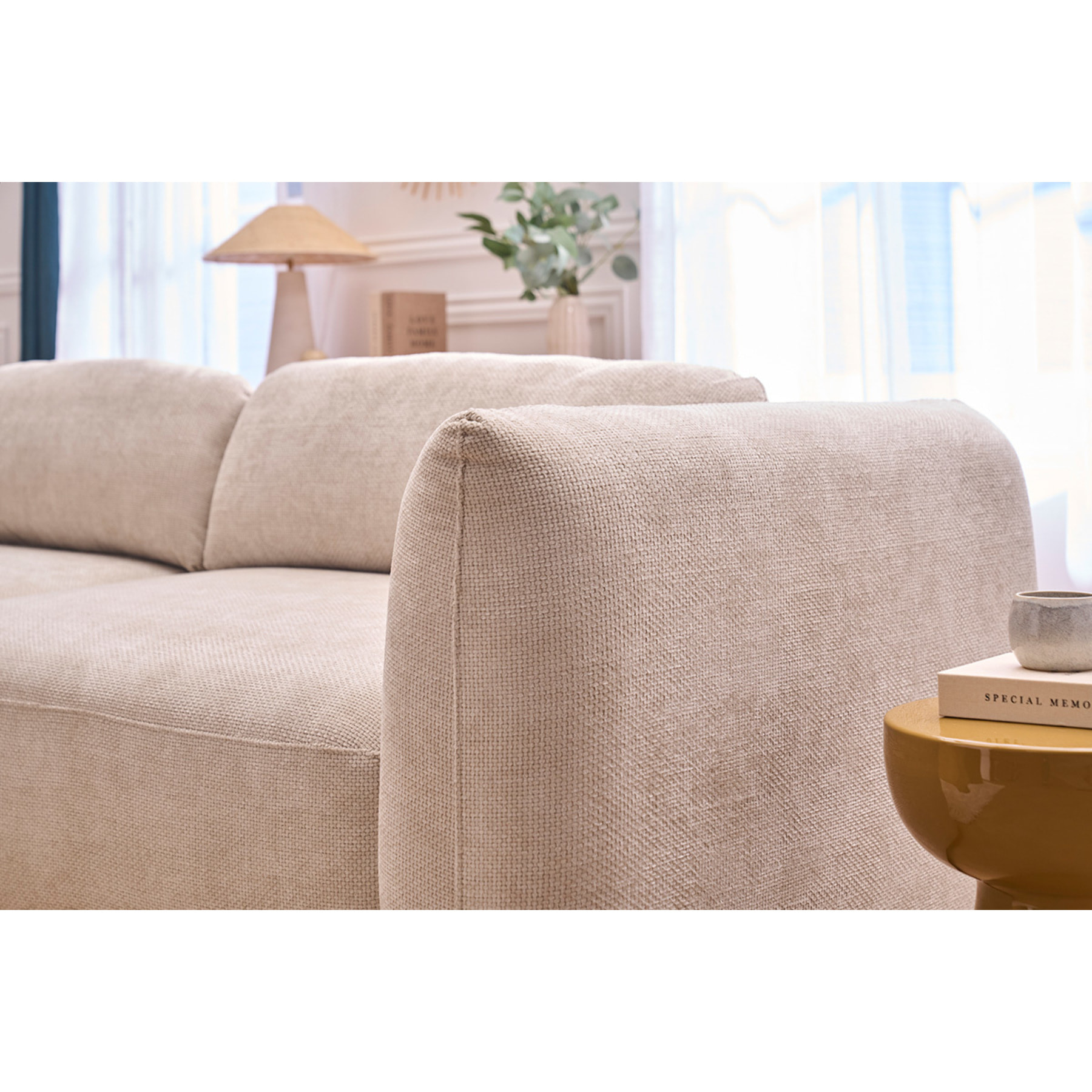 Canapé convertible 4 places avec coffre en tissu velours chenille beige SWELL