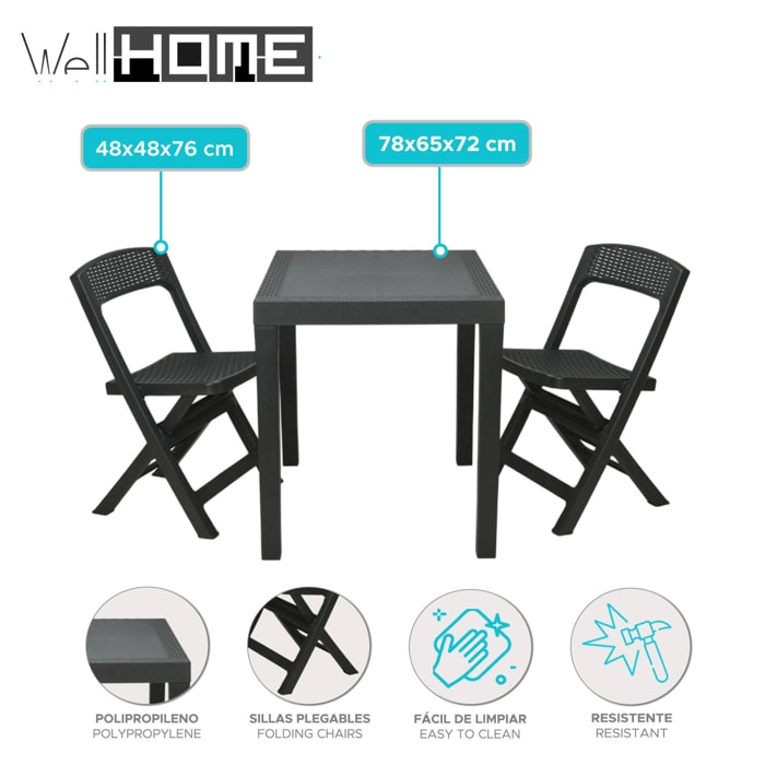 Well home - set de jardín 'poker' de mesa + 2 sillas en color antracita