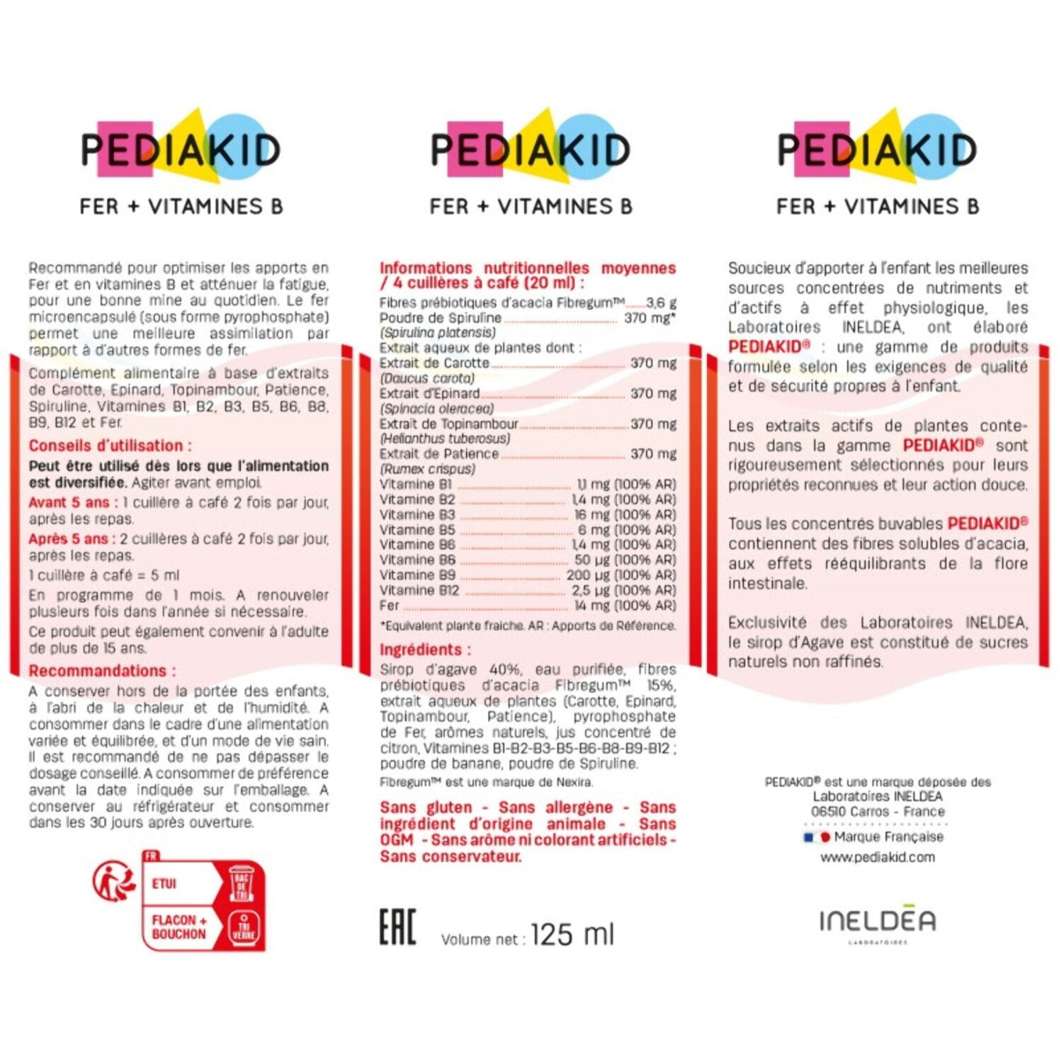 PEDIAKID - Sirop Fer + Vitamines B - Complément Alimentaire Naturel - Formule Exclusive au Sirop d'Agave - Optimise les Apports en Fer - Contribue à Réduire la Fatigue - Goût Banane - Flacon 125 ml