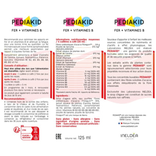 PEDIAKID - Sirop Fer + Vitamines B - Complément Alimentaire Naturel - Formule Exclusive au Sirop d'Agave - Optimise les Apports en Fer - Contribue à Réduire la Fatigue - Goût Banane - Flacon 125 ml
