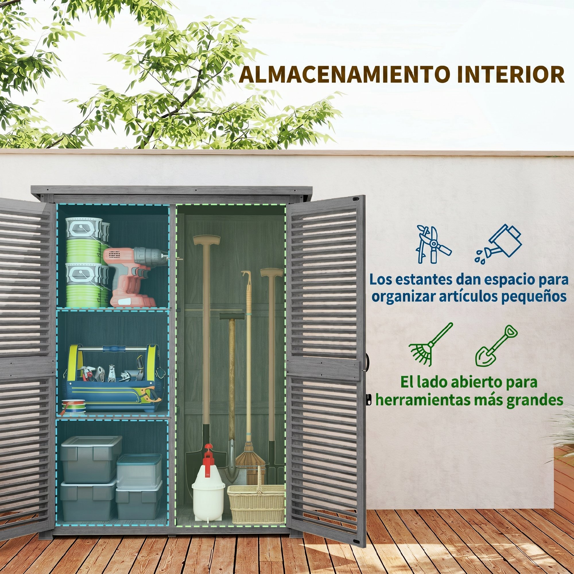 Caseta de Jardín de Madera, 127x65x168 cm, Cobertizo Jardín Exterior, Armario para Almacenaje Herramientas, con 2 Puertas de Persiana 2 Estantes Techo Impermeable para Patio Terraza, Gris