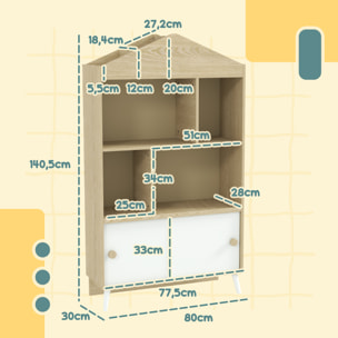 Estantería Infantil de Madera con 4 Compartimentos Librería Infantil con Estantes Abiertos y Armario para Habitación de Niños Sala de Juegos 80x30x140,5 cm Blanco y Natural