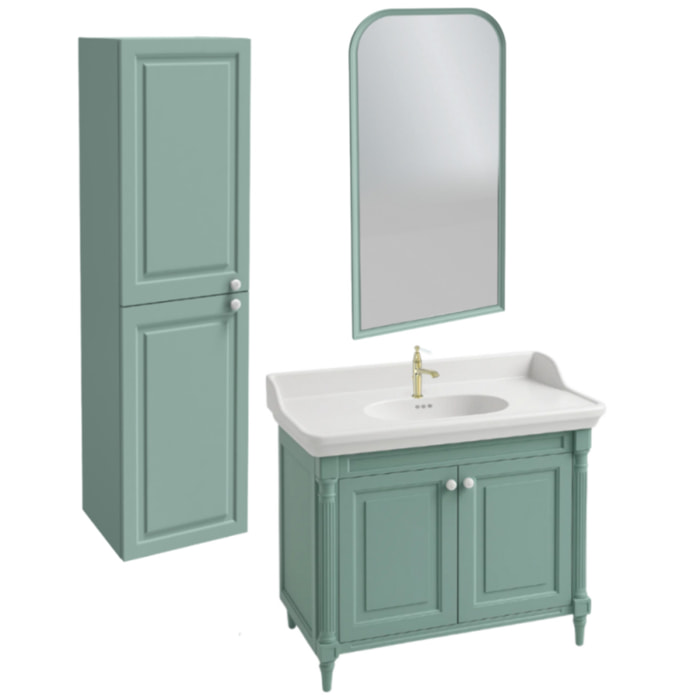 Pack meuble vasque Cléo 1889 vert velours + colonne gauche + miroir + mitigeur or