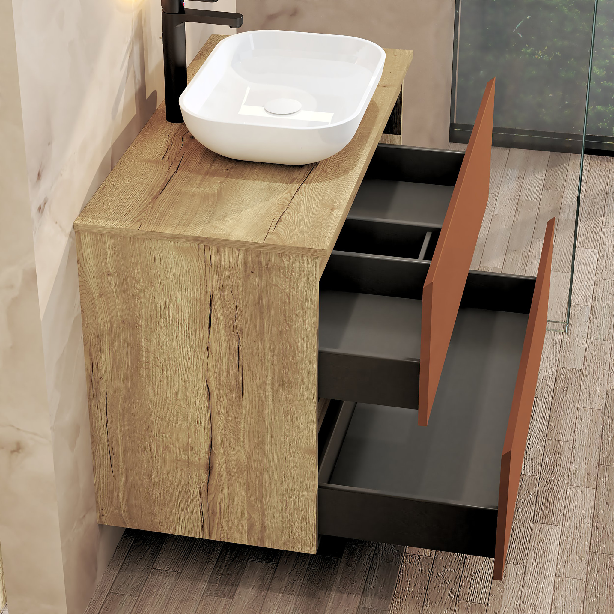 Conjunto de Baño Nia | Mueble Suspendido | 90 cm Scarlato | Dos Cajones | Lavabo Sobrepuesto | No incluye Espejo | Mueble Montado| Alday