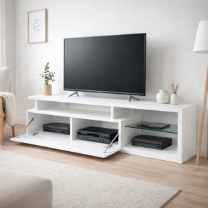 Mobile TV Con Mensola In Vetro 3 Vani A Giorno E Anta Senza Maniglie Parete Attrezzata Salotto Soggiorno Design Minimal 160 x 41 x 45 Cm Bianco