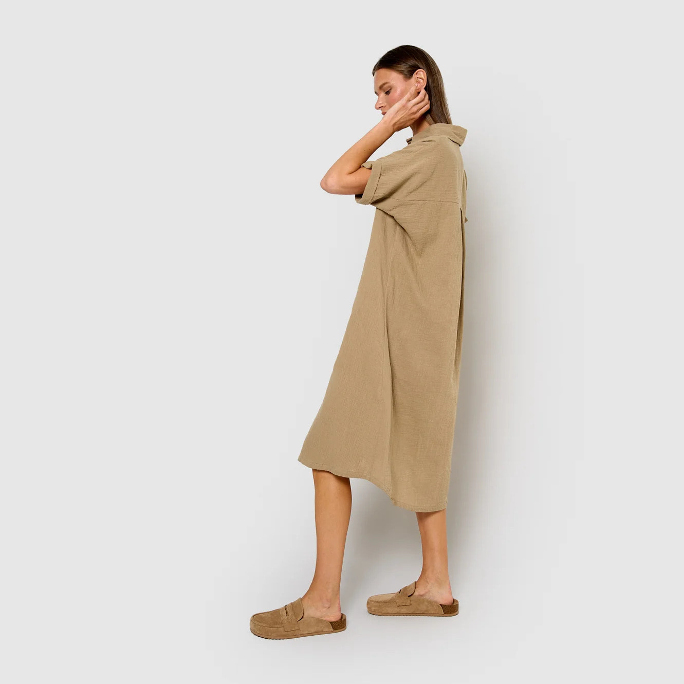 Vestido midi manga fluida muselina cuerda
