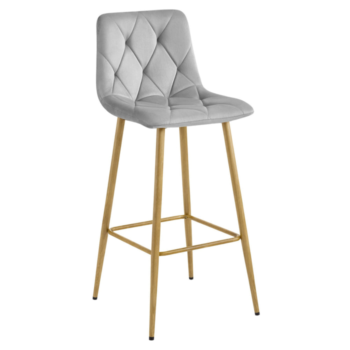 Sgabello alto NADO in velluto grigio chiaro e gambe effetto rovere