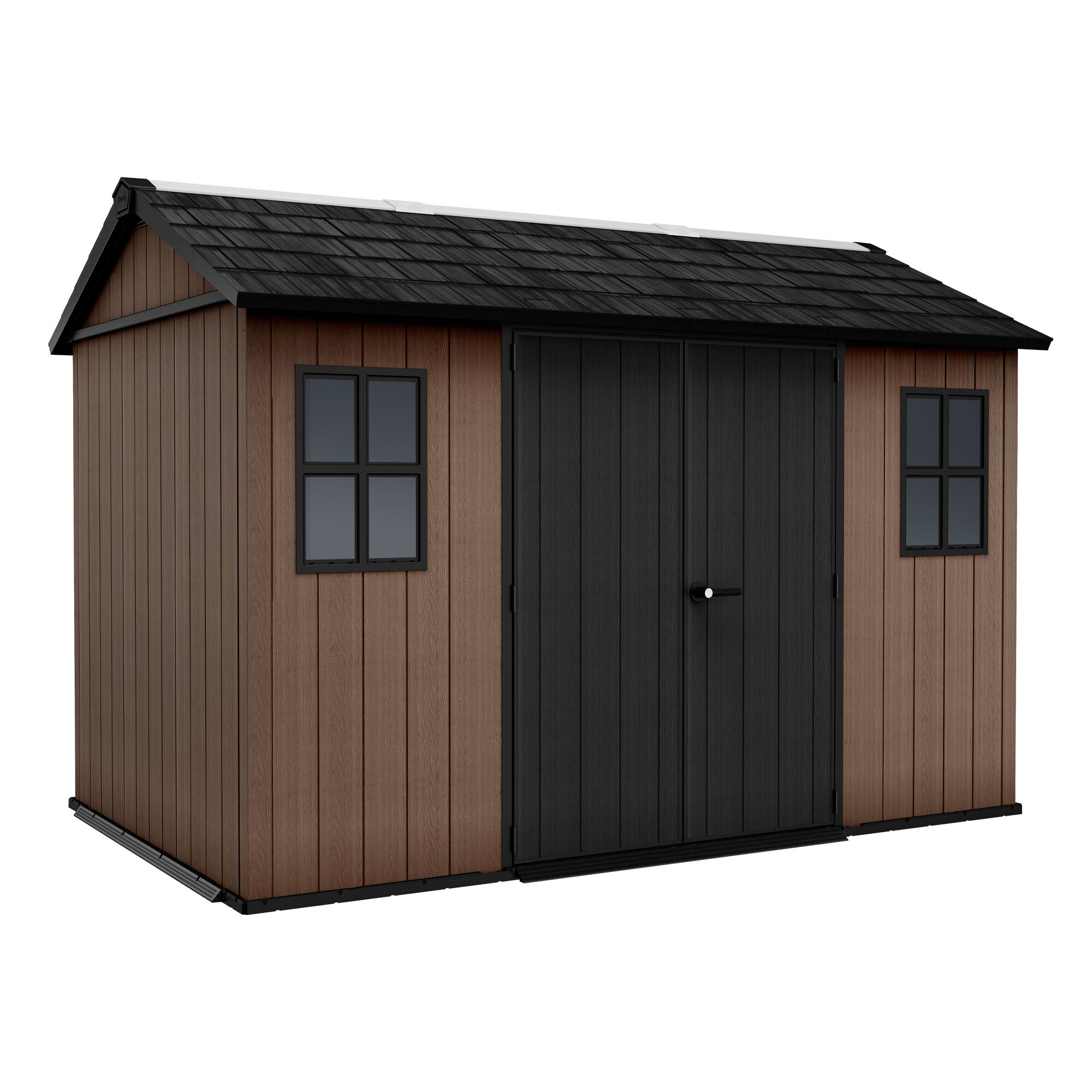 Newton + 7511/1175 - Casetta da Giardino 350x246x230 cm 2 Ante per deposito attrezzi finitura effetto legno Evotech+ in Resina Marrone e Nero