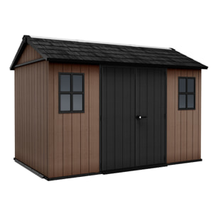 Newton + 7511/1175 - Casetta da Giardino 350x246x230 cm 2 Ante per deposito attrezzi finitura effetto legno Evotech+ in Resina Marrone e Nero