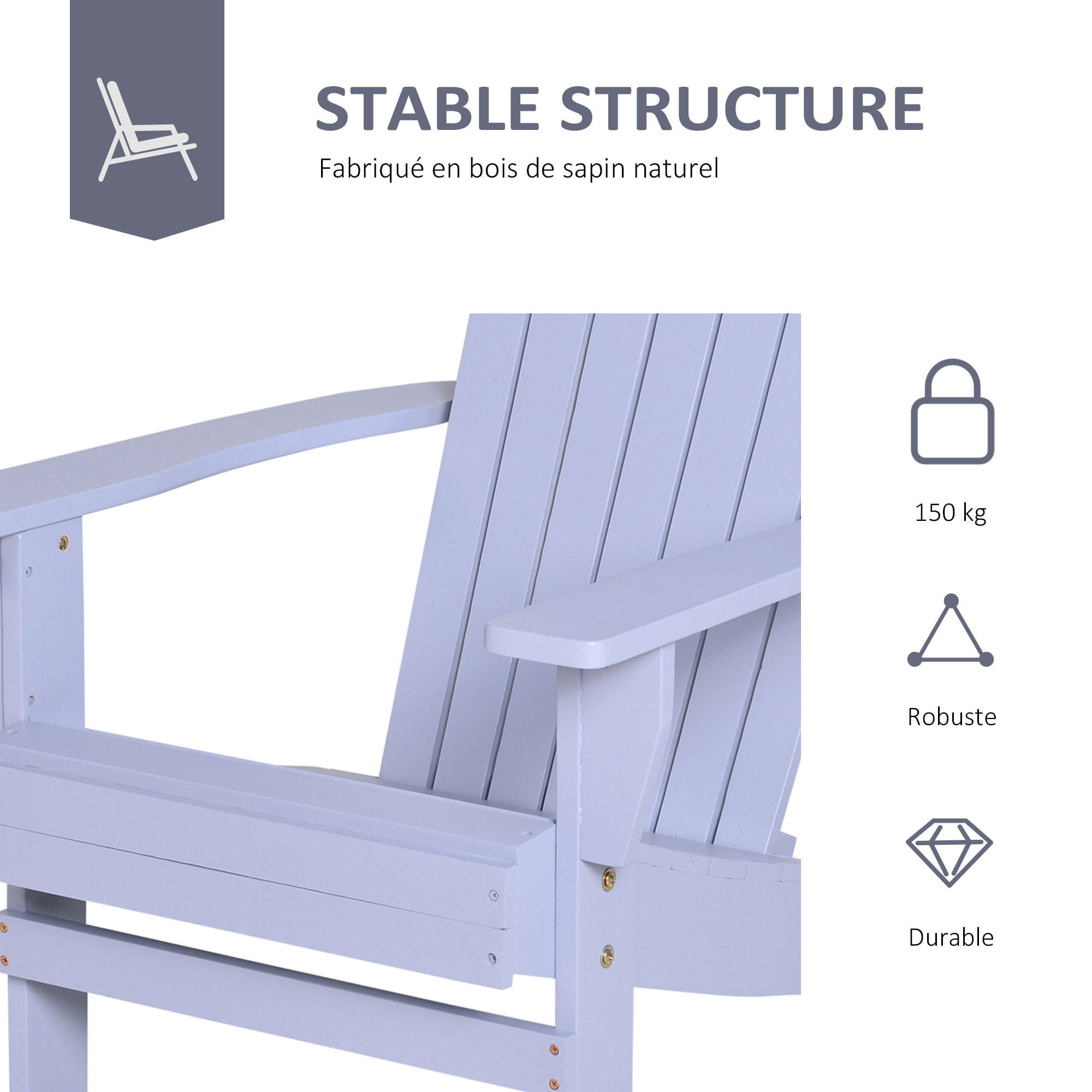 Fauteuil de jardin Adirondack grand confort porte-gobelet intégré bois de sapin traité peint gris