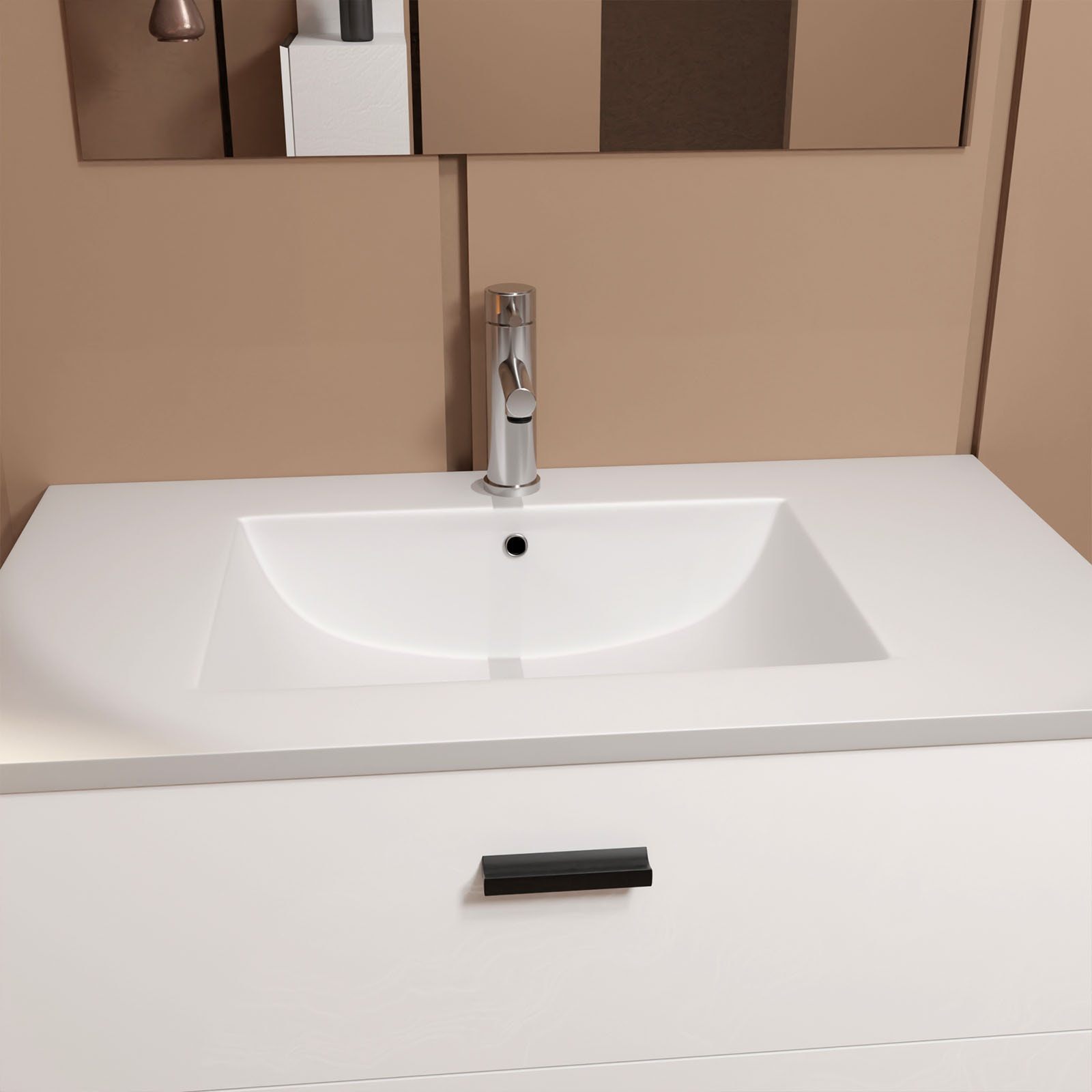 Meuble salle de bains 80 cm 2 Tiroirs Blanc avec Vasque blanche, miroir et applique Led - BOX LED
