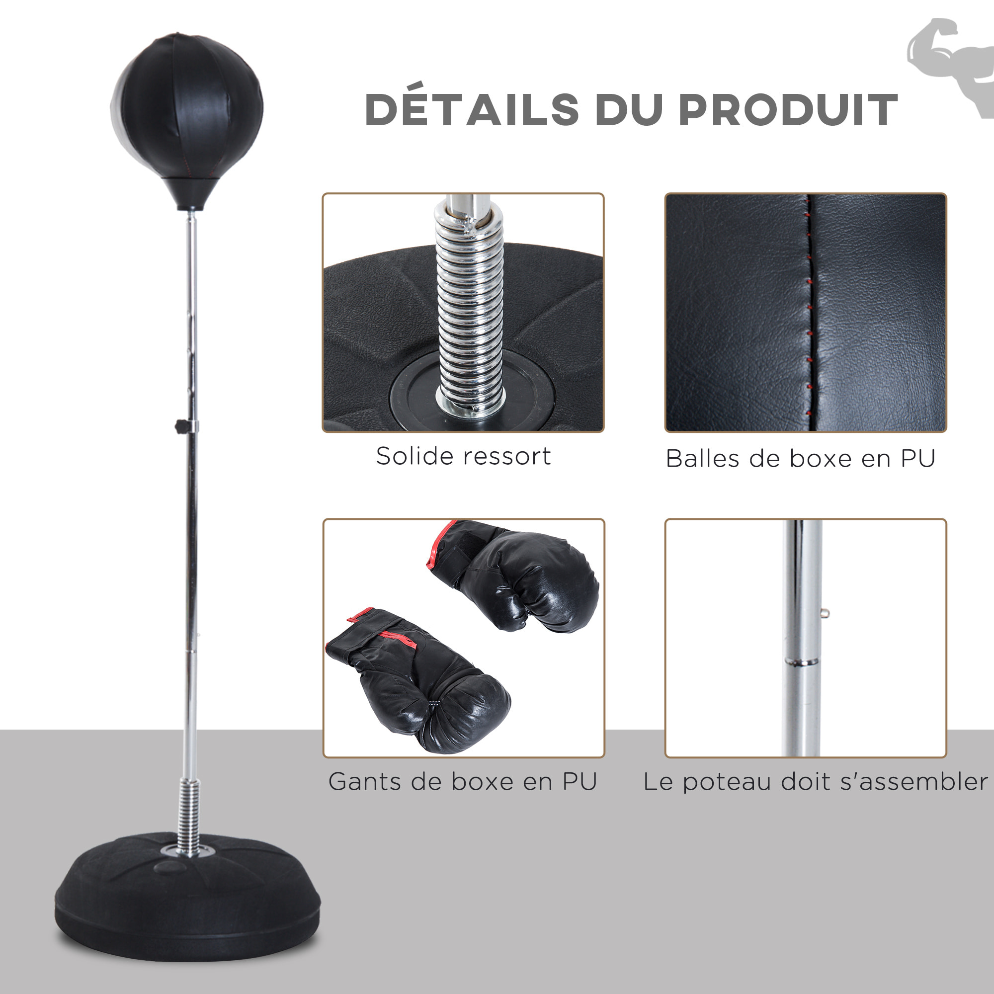 Punching ball sur pied réglable en hauteur 126-144 cm avec gants, pompe et base de lestage noir