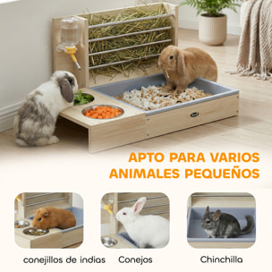 Comedero de Heno para Conejos con Bandeja, Alimentador de Heno de Madera con Cuenco de Acero Inoxidable y Botella de Agua, para Cobayas, Chinchillas, Gran Capacidad y Prevención de Residuos