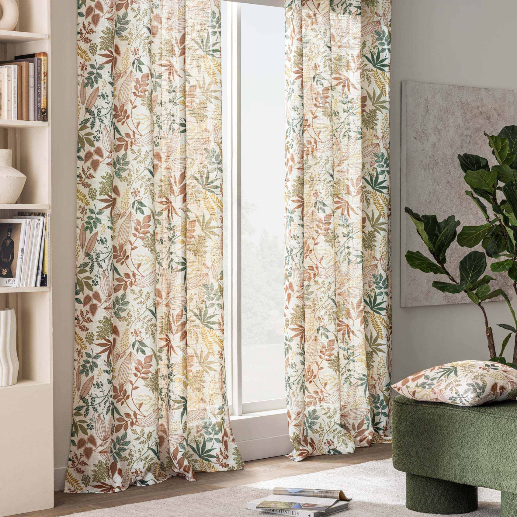 Rideau à œillets polylin imprimé feuilles tamisant - Orange